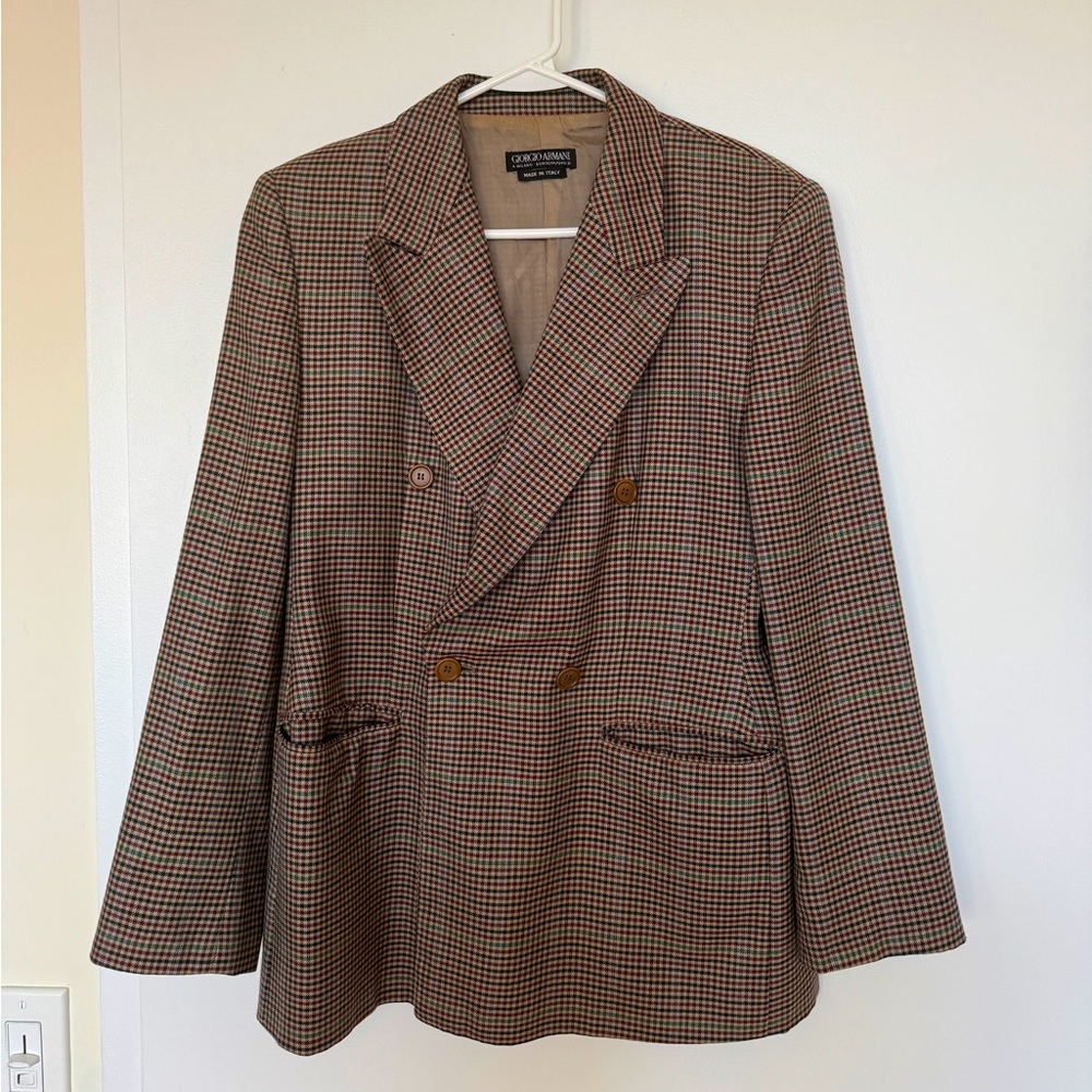 Giorgio Armani gingham checker print 100% cashmere double breasted blazer brown